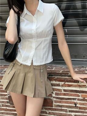 White Scallop Trim Button-Up Top